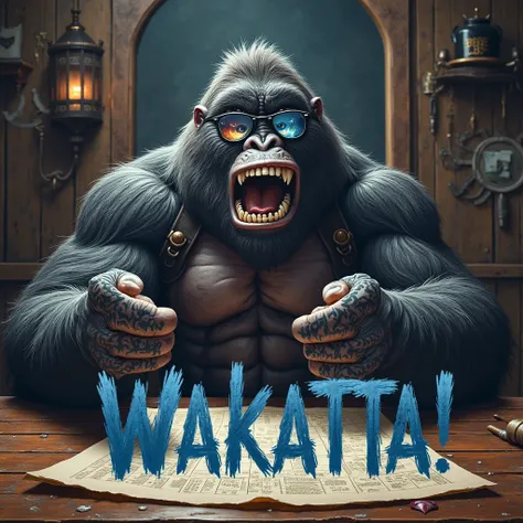 9. "Wakatta!"
A confident gorilla pirate slamming his massive fist into his palm with a determined smirk. His sunglasses reflect a pirate battle plan on a wooden table. His thick arms, adorned with compass and ship tattoos, show his readiness for action. T...