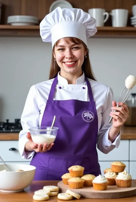 Hi, please create me a photo, on which I will be (see photo) with a white chef's cap on his head, I will wear purple rondon (see photo), where on the left side of the chest above will be sewn my logo (see photo) under which my name will be: Veronika Flamík...