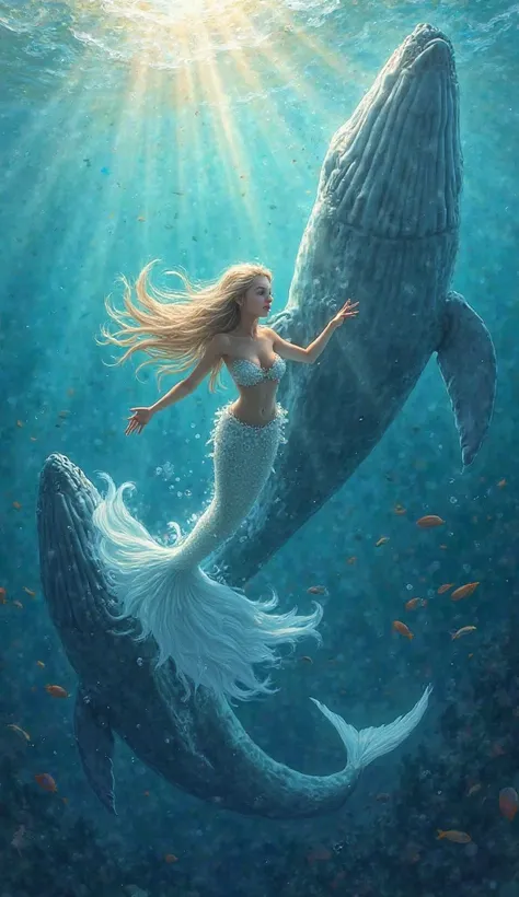 Create a mermaid in the water with whales 