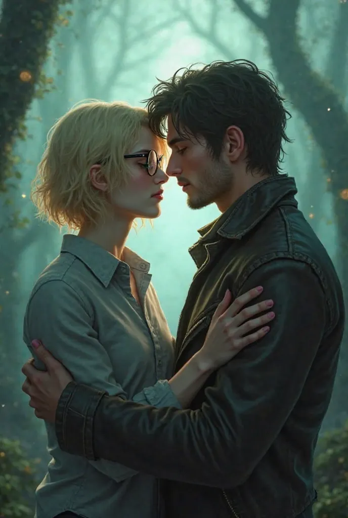 Image is a realistic work with a fantasy theme, featuring two characters in an intimate pose, station at the further right side of the frame. One man has short, flowing blonde hair, fair skin, and green eyes, with a soft, ethereal glow dressed in glasses a...