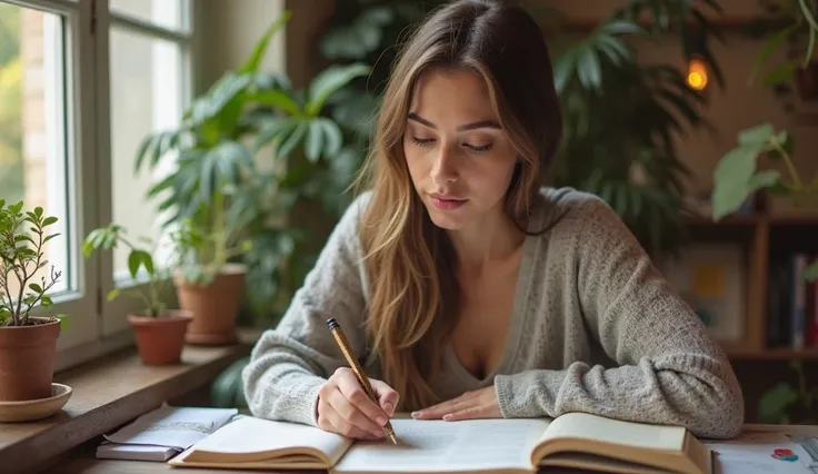 "A beautiful woman studying at a desk, focused, with books, a notebook, and a pen. Soft natural light from a window illuminates her face. The atmosphere is calm and serene, with a cozy background featuring plants and warm tones."







