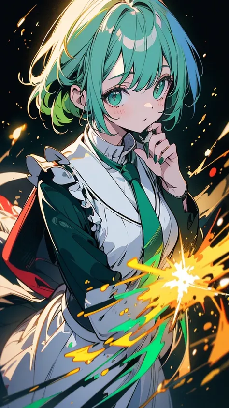 colorful anime, 鮮やかな赤色のショートボブで bright(White+green)Beautiful girl with a hairstyle slightly mixed with colors、SF調の bright背景,  bright(White+green)Red and black tie on the shirt and white sweater、 bright(White+green) miniskirt、 full picture, best quality, 4K,...