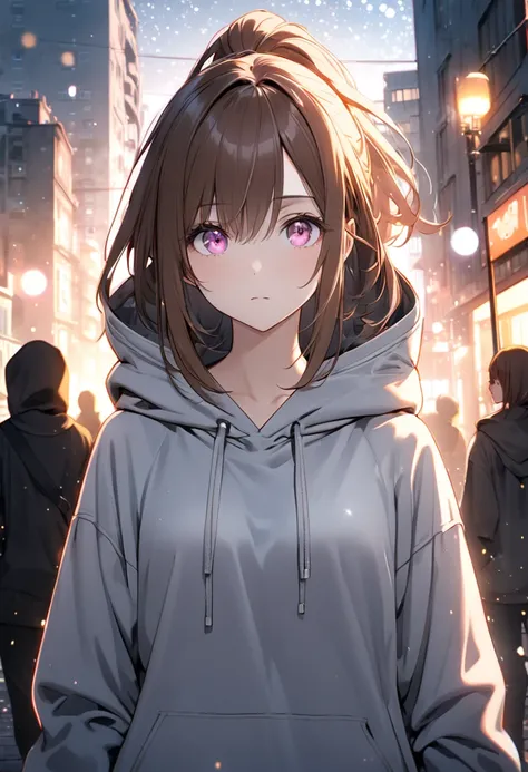  One Woman , textured skin, ponytail, brown hair,shiny hair,  hair over ears , droopy eyes, gradation colored eyes, pink eyes,  take off the hood, Grown-up, An adult ,  expressionless, see here,  overexposure,  light/dark method, gray hoodie, standing pict...