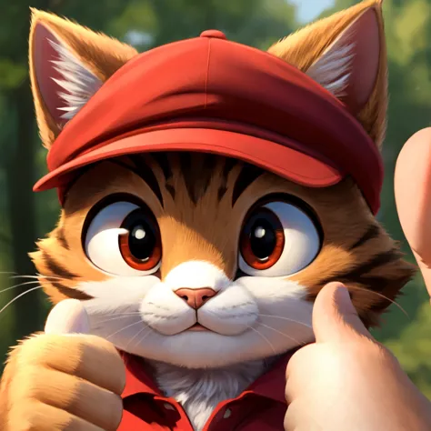  masterpiece, Highest quality,　cat、red cap, close up face, thumbs up
