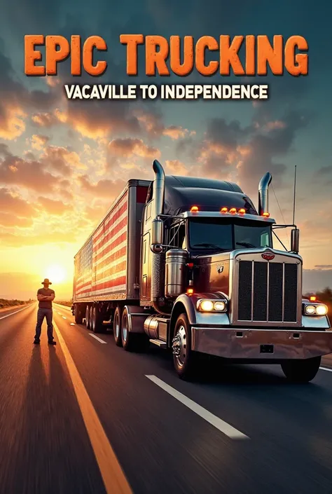 "A powerful semi-truck driving on a scenic highway at sunset, hauling a large trailer with a USA flag design. A rugged truck driver, wearing a cap and sunglasses, stands confidently next to the truck with his arms crossed, looking towards the road ahead. T...