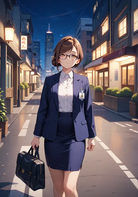 Expansive vista,looking up,1 girl,office lady,navy skirt,low bun,brown hair,brown eye,short hair,swept bangs,night,city, Road Ground,Returning Home,walk,navy jacket ,bag, expressionless,Looks sleepy, back view,Glasses,In front of an izakaya,look up far awa...