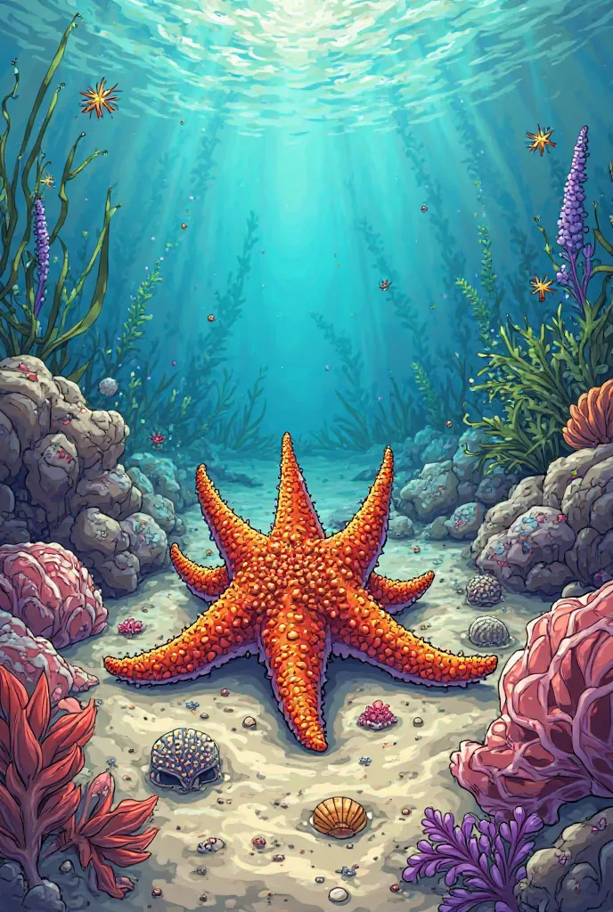 "A colorful underwater scene with a starfish, shells, and a sandy seabed, thick outlined