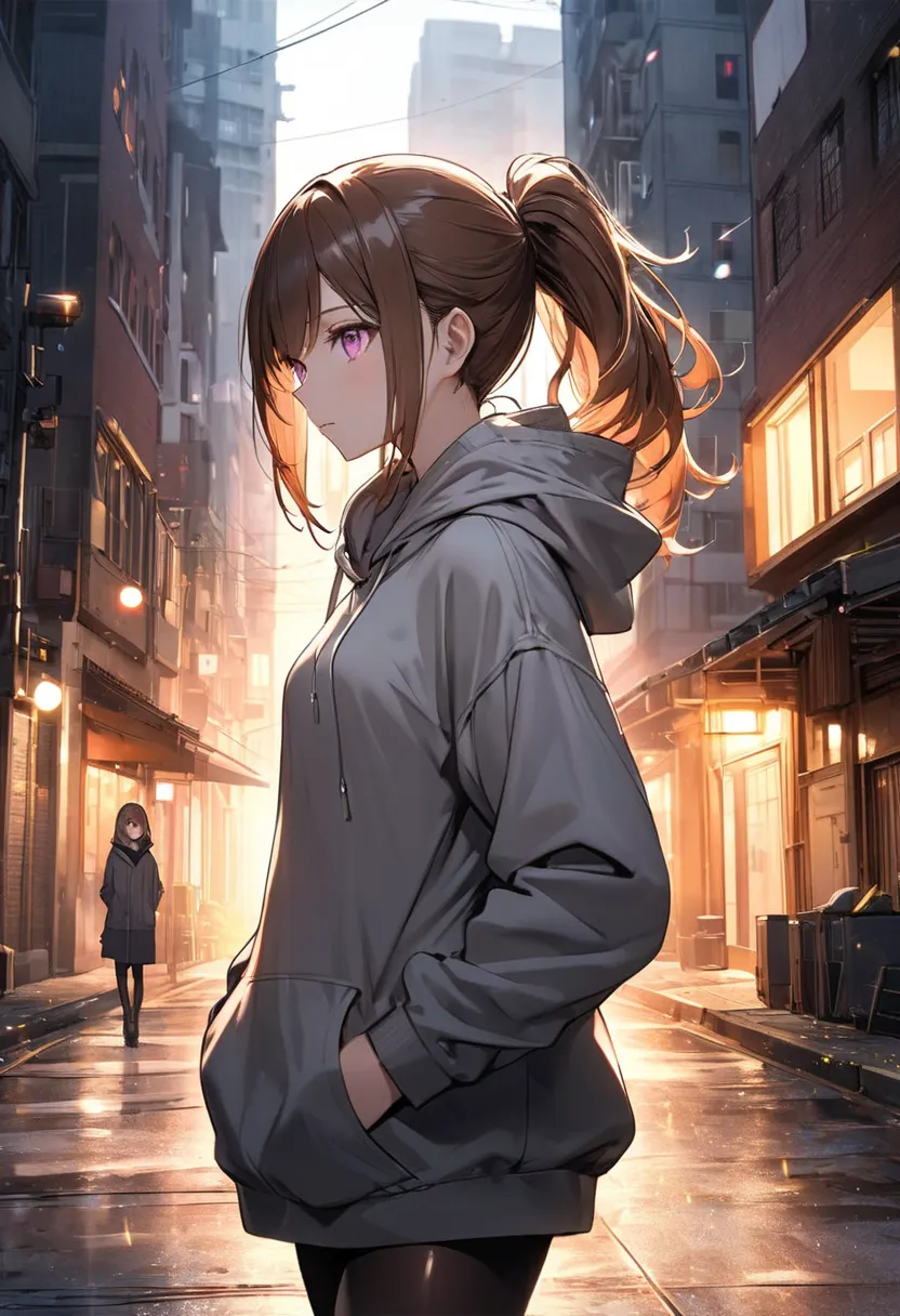  One Woman , textured skin, ponytail, brown hair,shiny hair,  hair over ears , gradation colored eyes, pink eyes,  take off the hood, Grown-up, An adult ,  expressionless, see here,  overexposure,  light/dark method, gray hoodie, standing picture, (backgro...