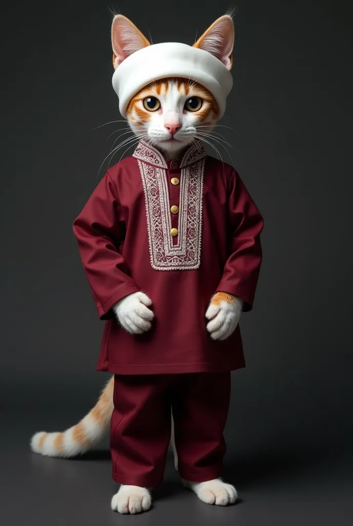 Indonesian humanoid cat, 20 years old. Wearing a formal Javanese traditional suit in maroon, wearing a white blangkon head covering, and wearing a white batik jarik. Standing and posing facing forward while looking at the camera. The back background is dar...