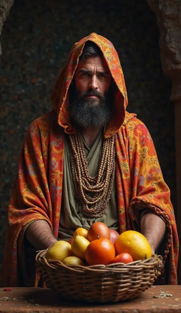 Hebrew male with robe and cloak covering his head with bright colors, with basket with various fruits on an altar, a Levite priest in front of him, very dark background, Light on the basket with fruits.