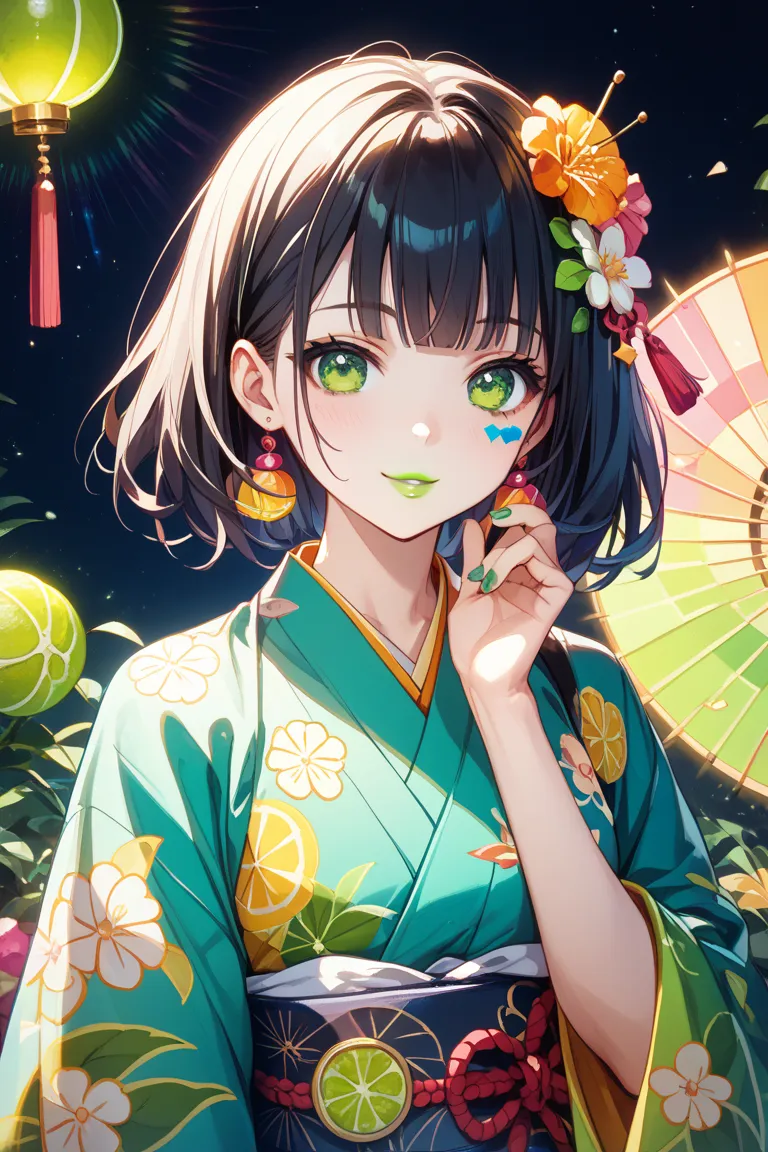 cute girl、anime style illustration、 white skin、 long black hair、Lime green eyes、lime green lips、lime green nails、A multicolored kimono wearing colorful makeup and accessories、wearing colorful accessories、
 facing the front、is looking at the camera、bright c...