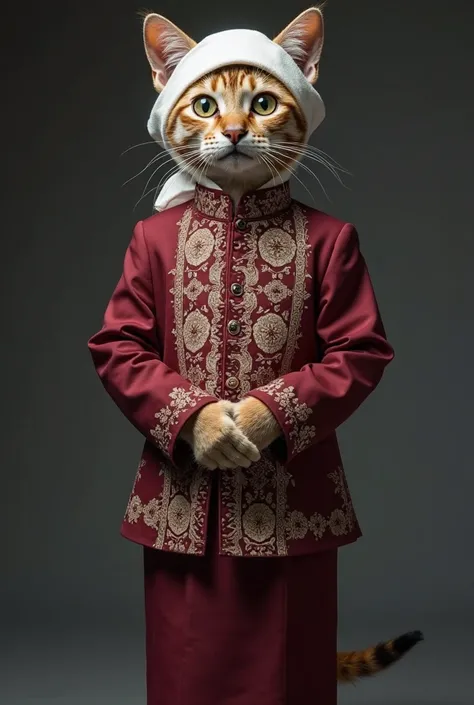 Indonesian humanoid cat, 20 years old. Wearing a formal Javanese traditional suit in maroon, wearing a white blangkon head covering, and wearing a white batik jarik. Standing and posing facing forward while looking at the camera. The back background is dar...