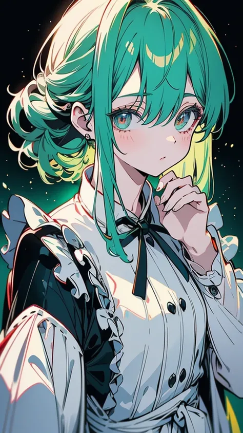 colorful anime, 鮮やかな赤色のショートボブで bright(White+green)Beautiful girl with a hairstyle slightly mixed with colors、 bright水色の背景,  bright(White+green)Red and black tie on the shirt and white sweater、 bright(White+green)mini skirt、 full picture, best quality, 4K, ...