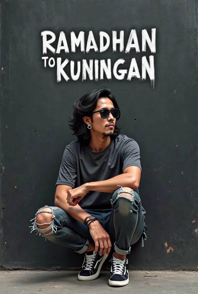 Black wall that says RAMADHAN TO KUNINGAN A young Indonesian man aged 40 years old wearing sunglasses wearing standard body earrings semi long hair t-shirt ripped jeans wearing sneakers tattooed hand sneakers sitting under pensive wall on the wall looks re...