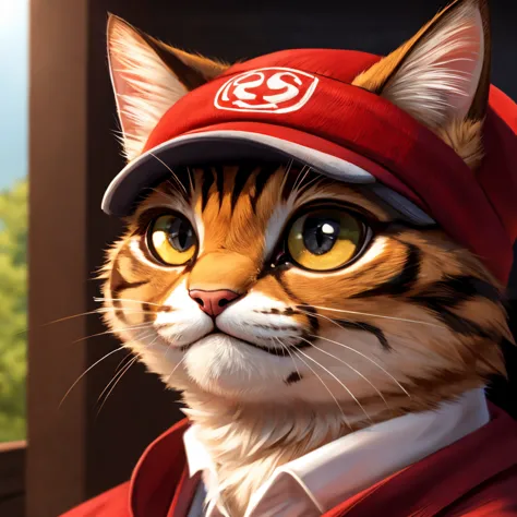  masterpiece, Highest quality,　cat、red cap, close up face, 
