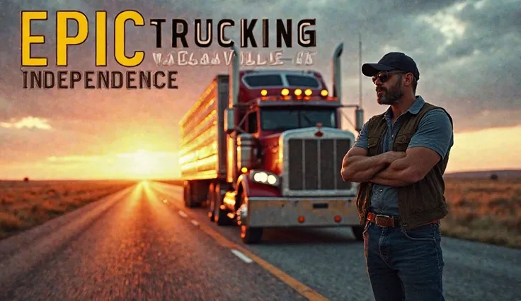 "A powerful semi-truck driving on a scenic highway at sunset, hauling a large trailer with a USA flag design. A rugged truck driver, wearing a cap and sunglasses, stands confidently next to the truck with his arms crossed, looking towards the road ahead. T...