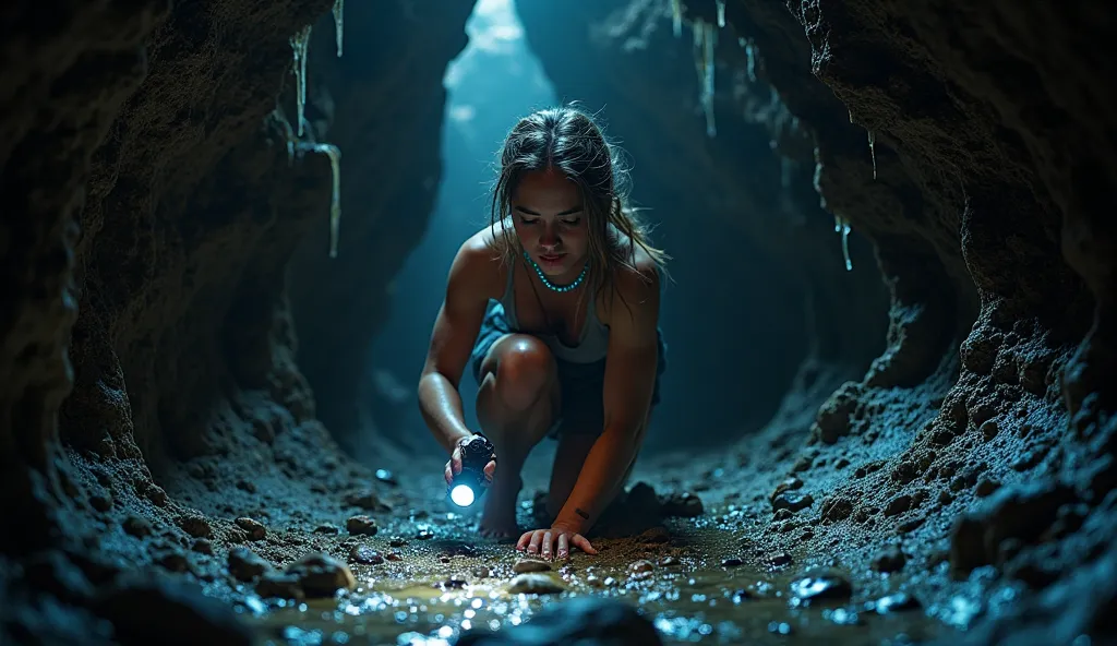 "The woman crawls into a narrow sea cave at low tide, flashlight in hand. Stalactites drip water onto sucker-marked rocks. A blue beaded necklace glints in the beam of light. Foto realista, —ar 16:9"
