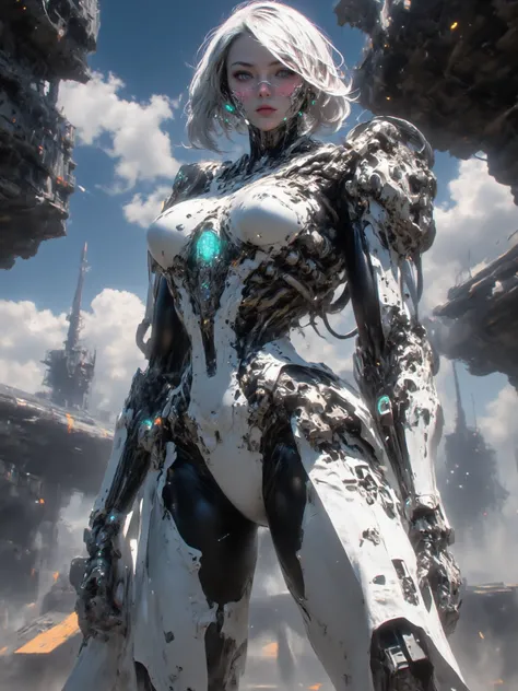 Mathilda, Robotic white skinned woman, Bob cut Light Brown Hair, Large Breast, Voluptuous muscular Build, wide hipped, thick muscular thighs, wearing Light Gray Medium Armor, Wearing a winged jetpack, iridescent Blue glowing glass eyes, standing on an airc...