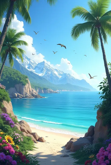 Mountains,palm trees, flowers, flying birds ocean 