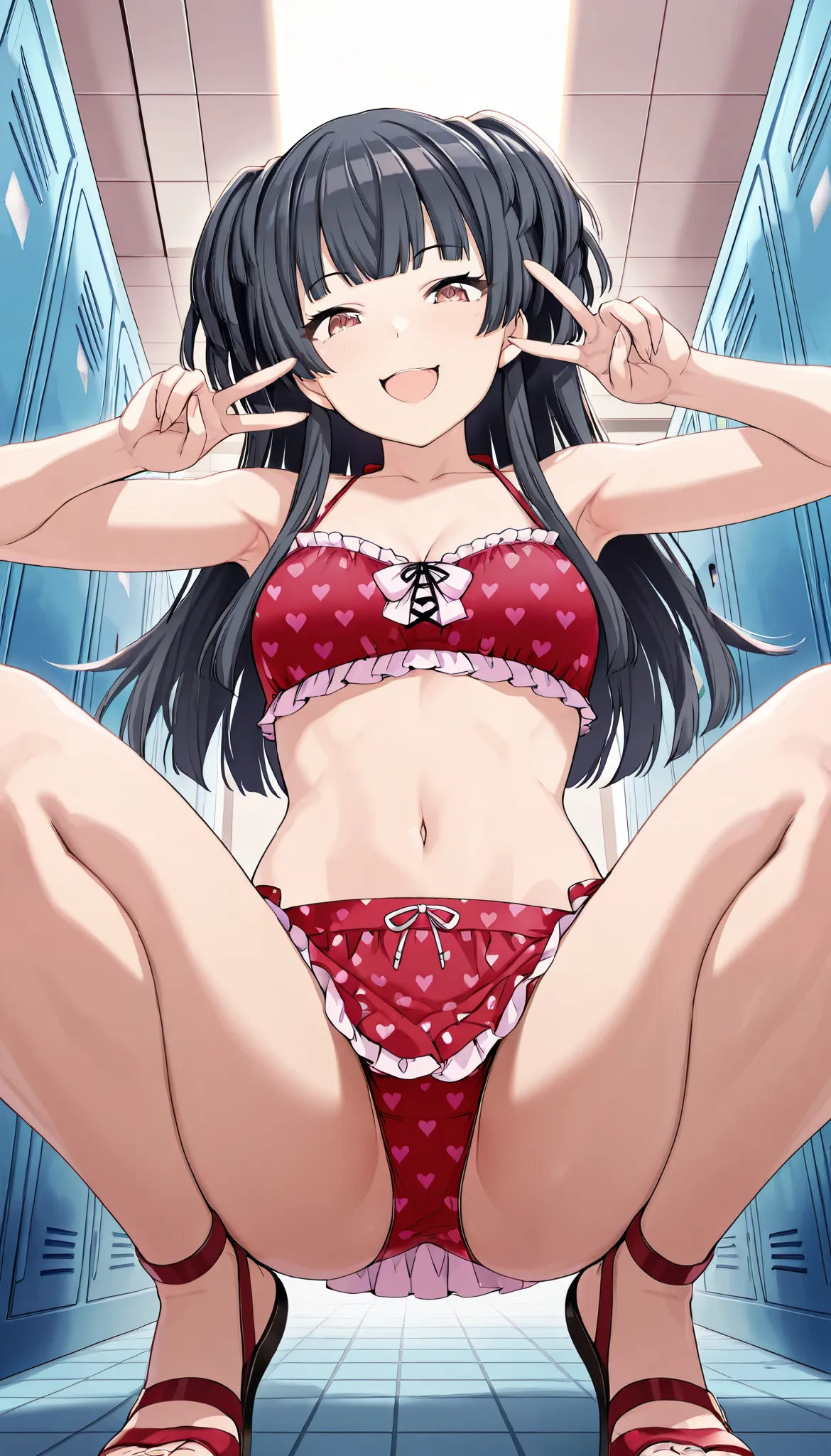 double v,from front,focus on panties,
,BREAK,

mayuzumi_fuyuko,  (brown eyes:1.3),black hair, (brown eyes:1.5), long hair, two side up,bikini, bikini skirt, frilled bikini, frills, heart, heart print, navel, print bikini, red bikini, swimsuit,

,BREAK, arm...