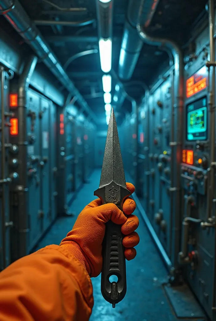 Here is an ultra-realistic 8K prompt for the POV visual image:  

**"Perspective in the first person of an individual holding a peculiar metal tool with a sharp design, while wearing orange protective gloves. The surrounding environment is a narrow and hig...