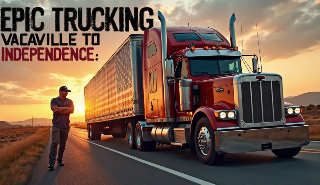 "A powerful semi-truck driving on a scenic highway at sunset, hauling a large trailer with a USA flag design. A rugged truck driver, wearing a cap and sunglasses, stands confidently next to the truck with his arms crossed, looking towards the road ahead. T...