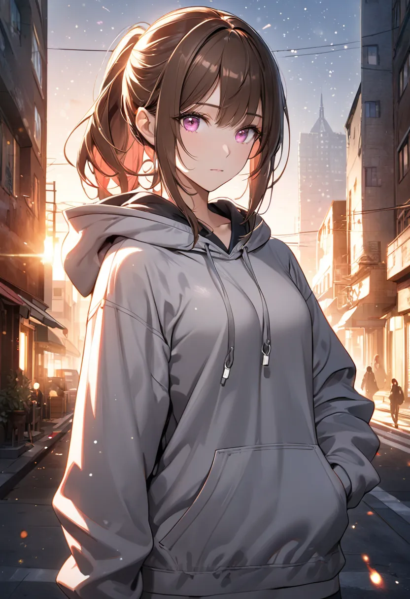  One Woman , textured skin, ponytail, brown hair,shiny hair,  hair over ears , gradation colored eyes, pink eyes, Details,  take off the hood, Grown-up, An adult ,  expressionless, see here,  overexposure,  light/dark method, gray hoodie, standing picture,...