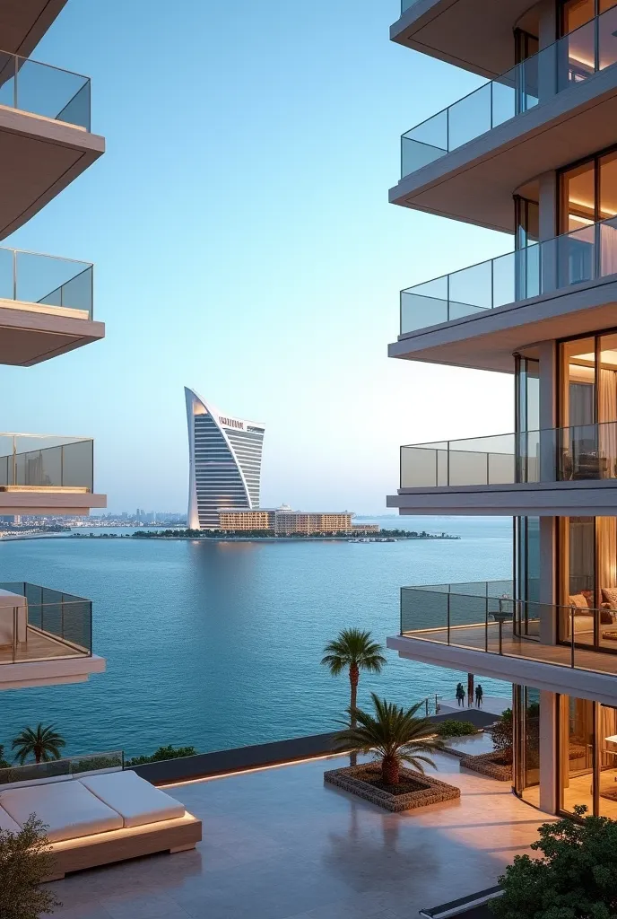 Create a luxurious and unique view from a high-end residential or commercial project designed by Ellington Costa Mare, overlooking the beautiful sea and the iconic Wynn Casino on Al Marjan Island, UAE. The scene should capture the sophisticated elegance of...