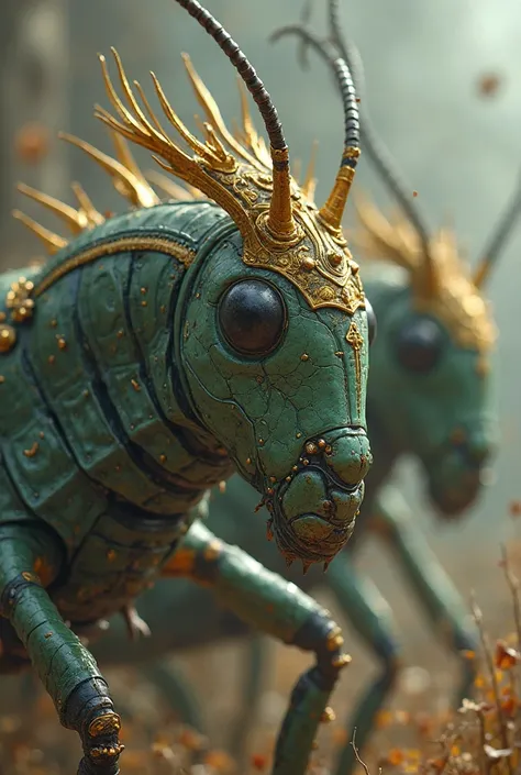  The grasshoppers looked like horses prepared for battle .  They had something like gold crowns on their heads , and their faces looked like a human face .