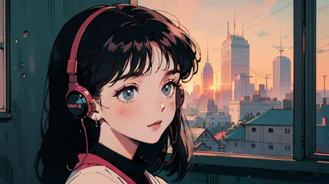  animeの girls on the leftが床に座って窓から街を見ている,  anime aesthetic,  anime vibes,  LOFI ART STYLE , Lo-Fi Portrait by Window, Watching the sunset.  anime, 高貴な girls on the left,  anime art wallpaper 4 k,  anime art wallpaper 4k,  anime art wallpaper 8 k,  anime ba...