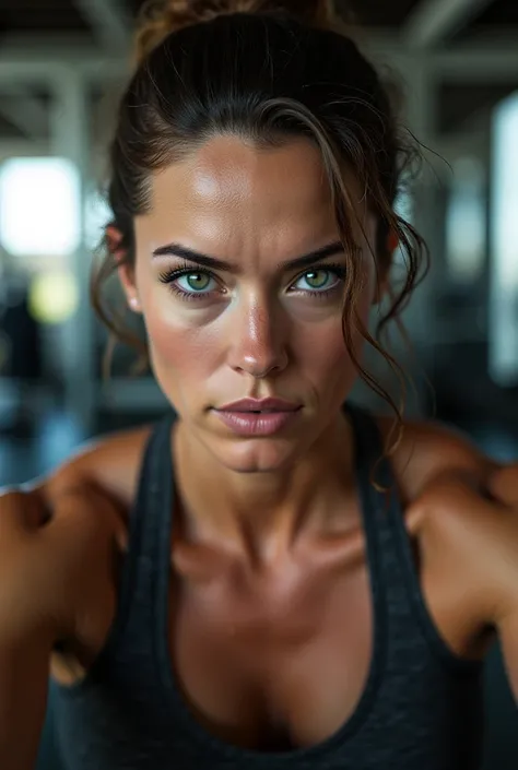 Create a real woman at the gym by training green eyes with thick eyebrows big lashes 