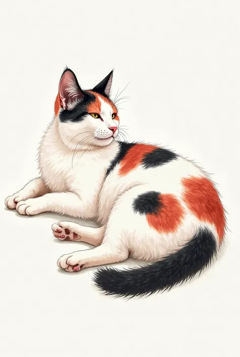 The cat is lying on its right side. It is white with large black and red spots.  style drawing
