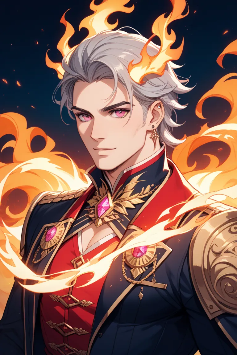 A handsome guy with gray hair and dark pink eyes, the king of Fire Kingdom and a small, cool, ephemeral king