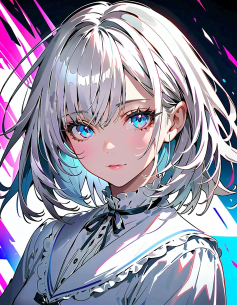 (glitch art;1.5),(noise and grain),(top-quality),(masterpiece),Delicately drawn face,girl with a pretty face,beautiful detailed blue eyes,white Lolita Fashion,((white costume)),(Beautiful silky white hair:1.2),film lighting,abstract,a beautiful artistic il...