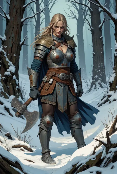 a viking warrior girl, barbarian armor, 1 nude boob, detailed facial features, fierce expression, holding battle axe, standing in snowy forest, dramatic lighting, cinematic composition, digital art, concept art style, photorealistic, 8K, HDR, physically-ba...