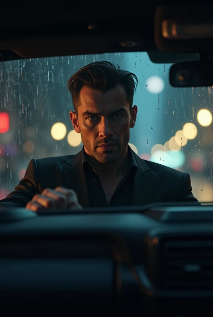  create me: An Uber driver,beau, chic,  in a car, under the rain, At night , with a striking look, without beard, il doit faire peur 