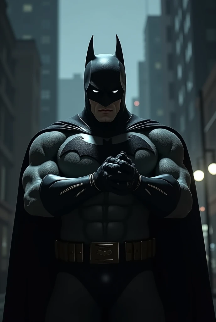 Batman is looking at his hand and wondering, surprise to be on Batman's face, in the dark of night