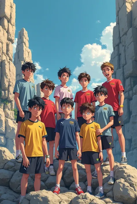 anime 8boys sitting on stone wearing puma jersey