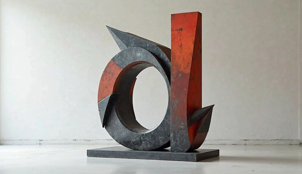 D: An abstract sculpture made of geometric shapes, prominently featuring the letter "D".