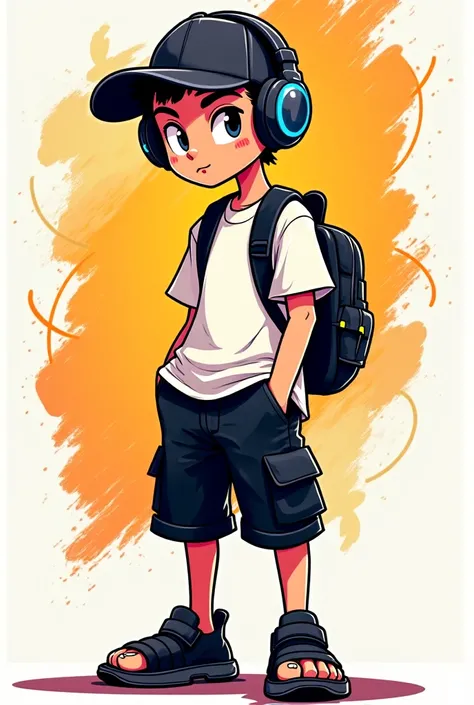 "Vector art stylized in the urban cartoon style of the 2000s, with thick strokes, vibrant colors and a striking streetwear look. The character is a young man with a confident attitude, in an awkward and cute pose, with a relaxed and relaxed posture. Your f...