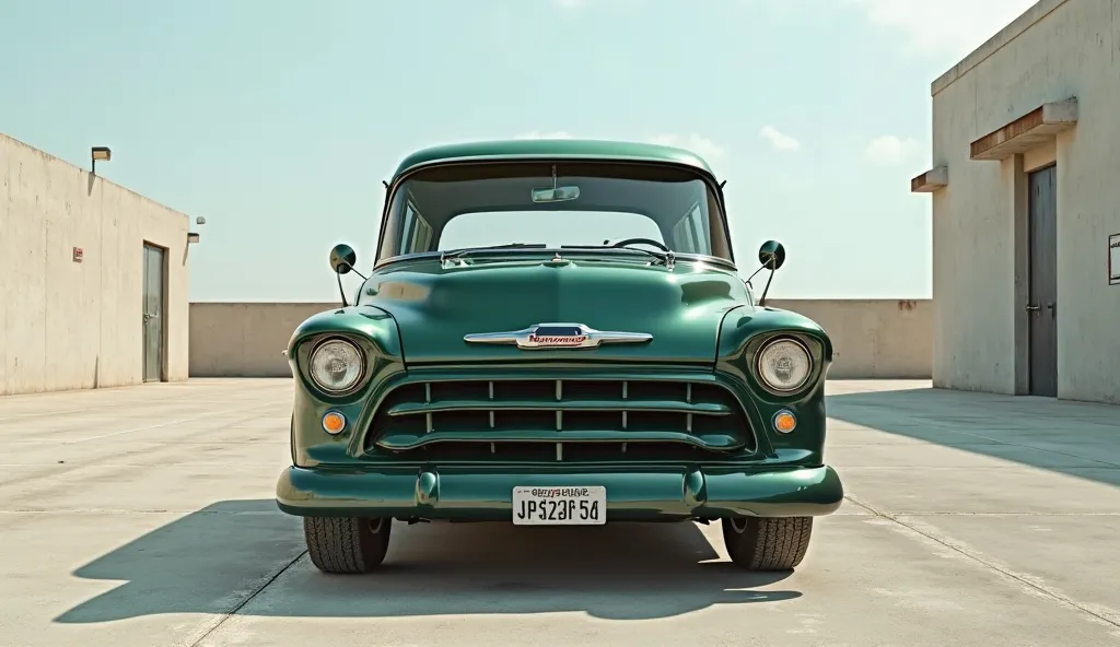 "A hyper-realistic, ultra-HD digital render of a Chevrolet Townsman Wagon (1953-1972) in classic deep green.parked on a smooth concrete surface in an open, well-lit environment The front view only, not rear or The vehicle maintains its signature flat-nose ...