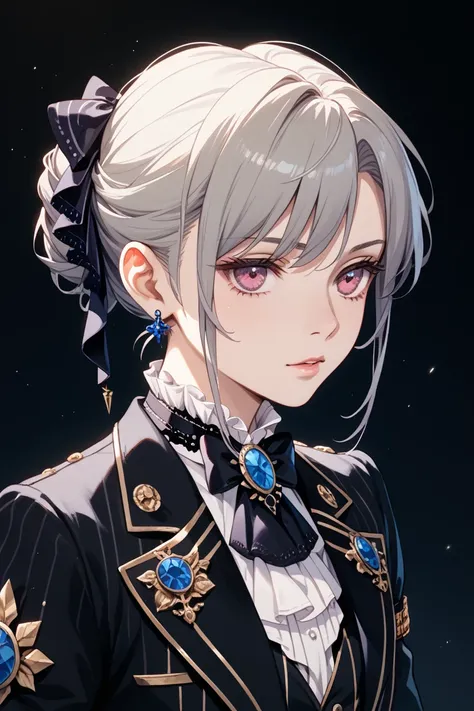 A boy with a cute young face has gray hair and pink eyes, and a handsome aristocrat with black clothes is ephemeral