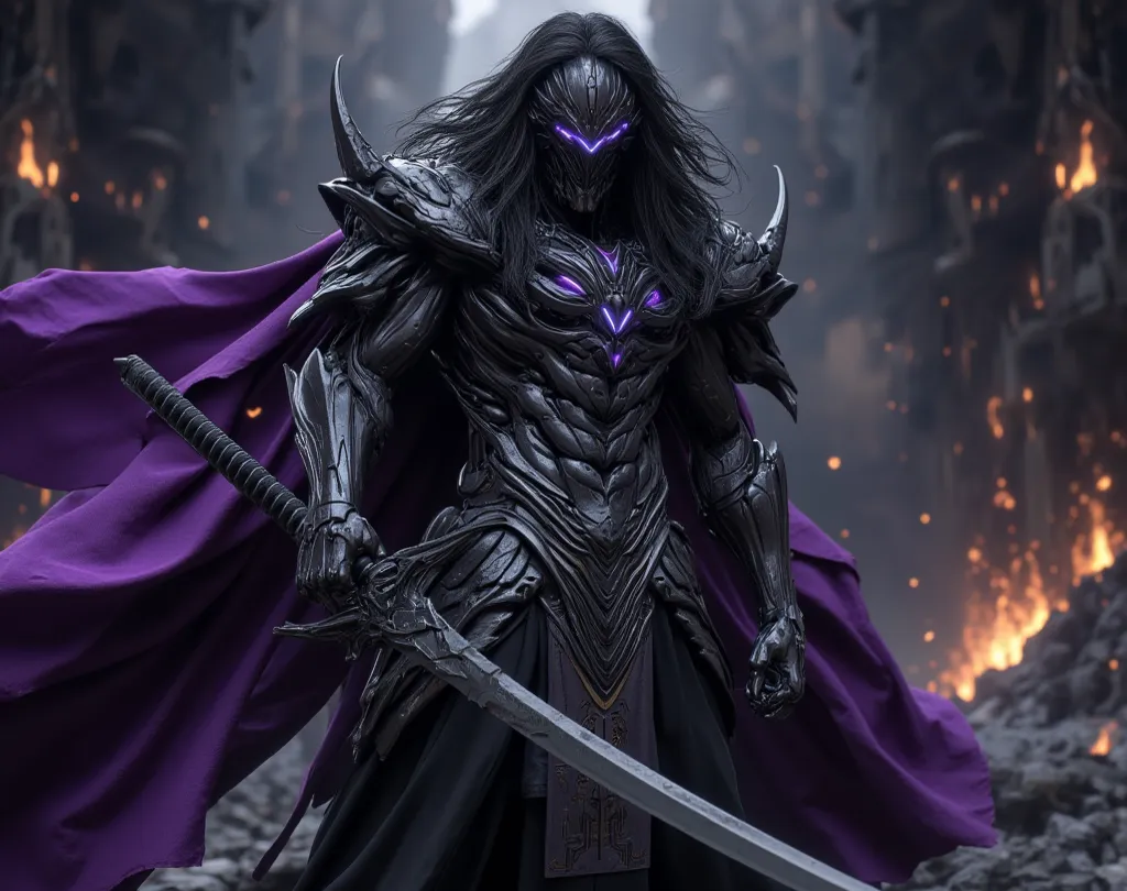 Hades; long black hair,  blue eyes, with its black divine armor,  with purple details . Oriental style,  At your side a black medieval sword with its tip buried in the ground; scenario: temple of the God of the Dead, In the Greek Underworld, with flames an...