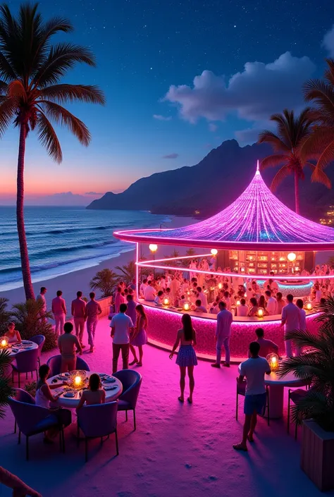 Create me a, disco bar on the beach that expands on a small hill