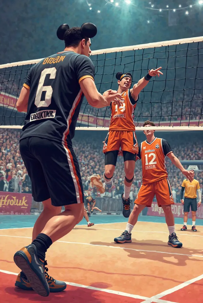 "Besiktas" volleyball team number 6 in black and white jersey mickey mouse and "ECZACIBAŞI" volleyball team number 12 orange white jersey would you draw a picture of donald duck