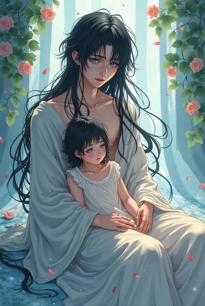 25-year-old male,sexy,With a dress on, light blue eyes and long black hair, Sitting with a 16-year-old ager on her legs.anime