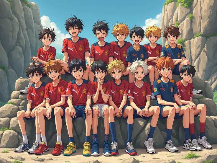 anime 20 boys sitting on stone wearing puma jersey