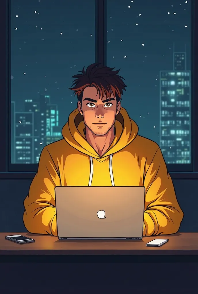 ANIME FRIENDLY LOOKING MALE BUSINESS CHARACTER WHO IS WEARING  A YELLOW HOODIE. HE IS SITTING BEHIND HIS LAPTOP IN HIS OFFICE, ARMS ON HIS DESK. IT IS NIGHT. THE ROOM HAS VOLUMETRIC
LIGHTING. HE IS FRONT FACING TO THE CAMERA, LOOKING STRAICHT AND CENTERED,...