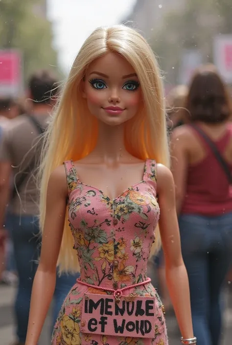 Fait une Barbie imparfaite avec un corps normal avec des imperfections plus ronde avec des hanches marqués dans une foule d’activistes engagé et qui tien une pancarte sur laquelle c’est écrit “embrace your uniqueness, you are a masterpiece”