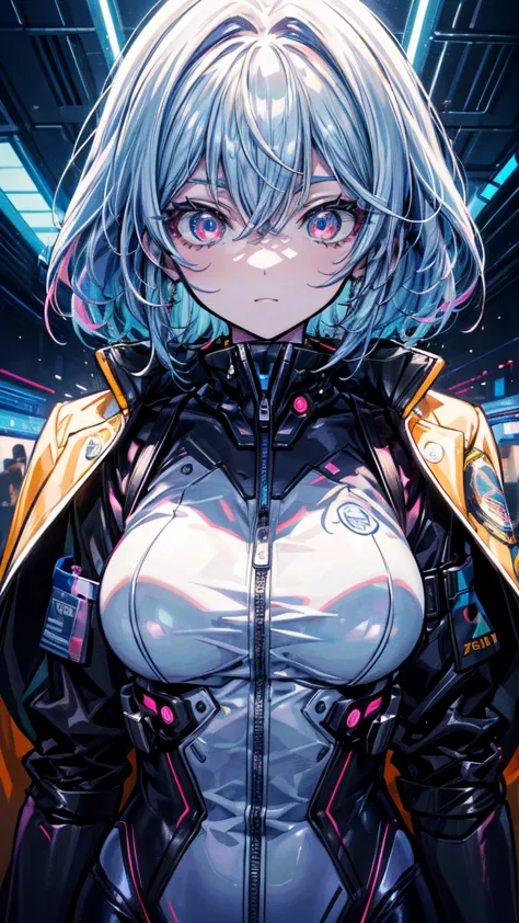 glowing eyes, colourful glowing hair, wearing sci-fi jacket, anime style, high detail, Futurism, glowing light, UHD, retina, masterpiece, ccurate, anatomically correct, textured skin, super detail, high details, high quality, award winning, best quality, h...